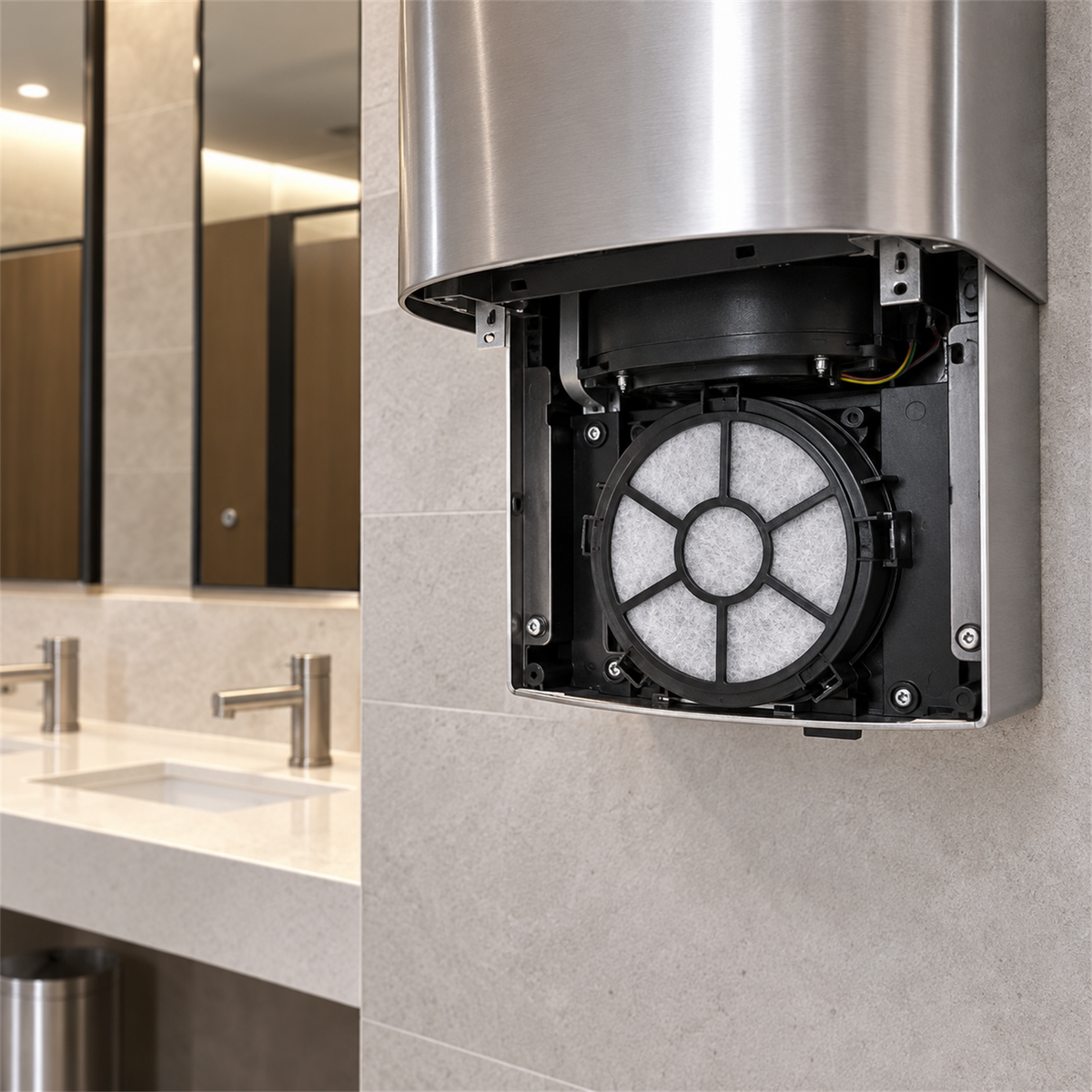 Filtro de repuesto para secador de manos instalado en equipo de baño