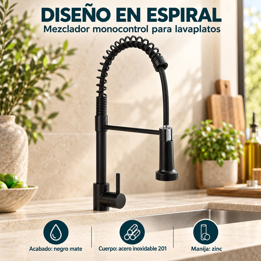 Mezclador Monocontrol Espiral para Lavaplatos Negro Mate — características