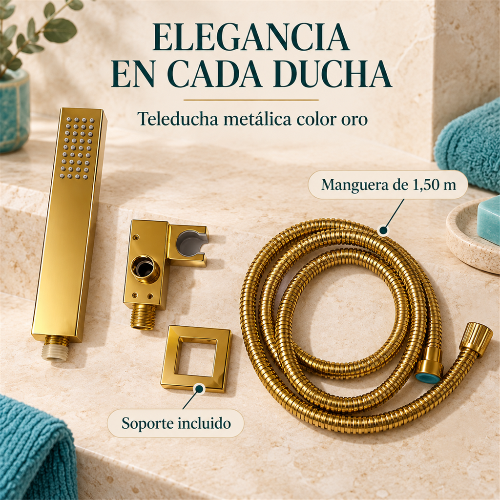 Detalle comercial de teleducha dorada con manguera y soporte