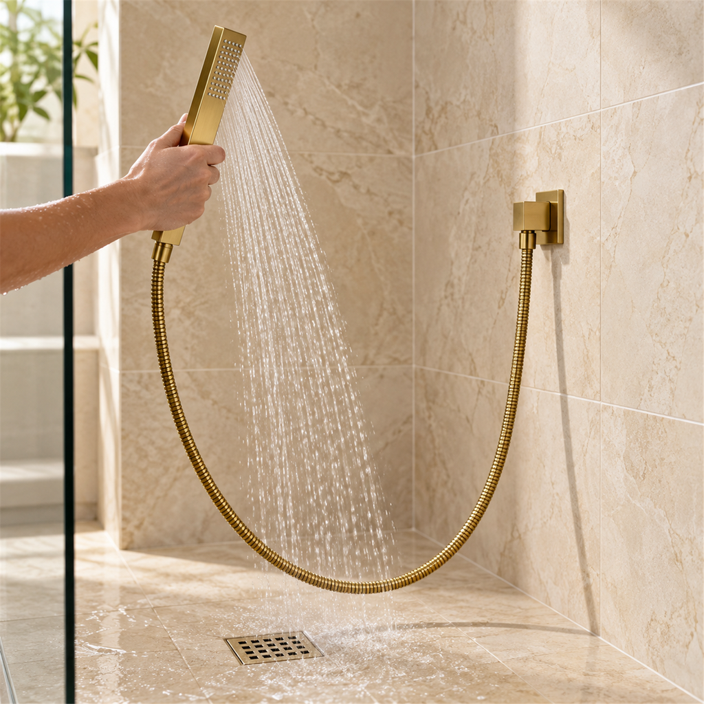 Teleducha dorada en baño ambientado con manguera conectada