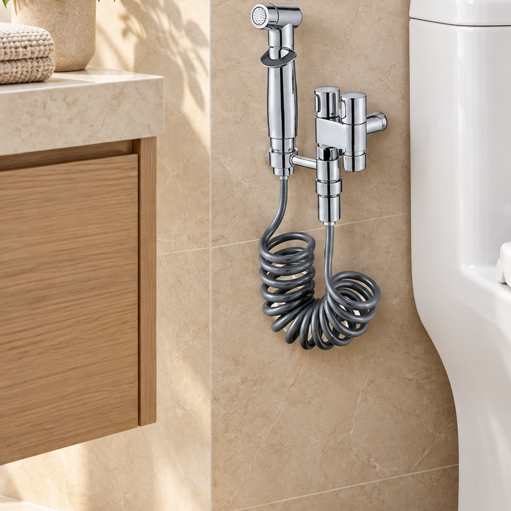 Ducha bidet cromada, ambientación cercana