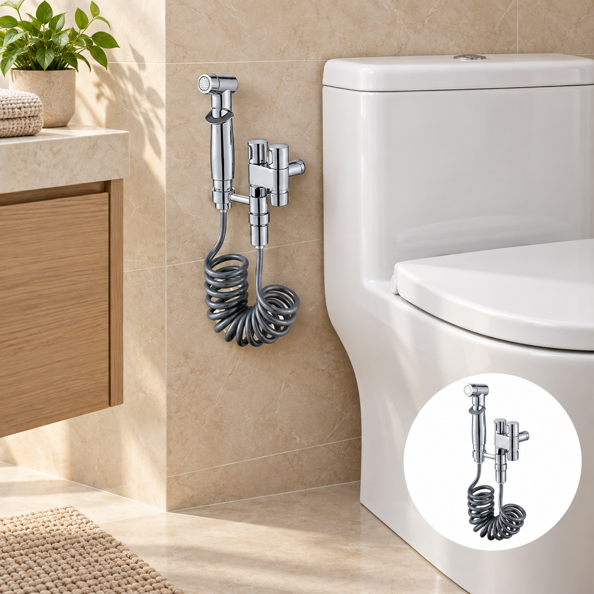 Ducha bidet cromada, ambientación amplia