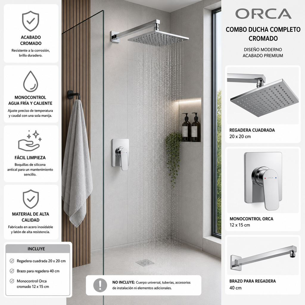 Conjunto De Ducha Orca Cromado Monocontrol 20 X 20 cm