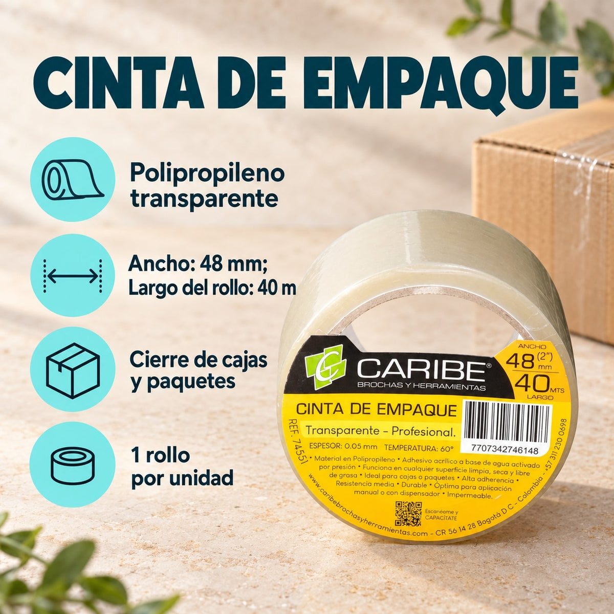 Cinta De Empaque Transparente De 48 mm × 40 m — material, presentación y características