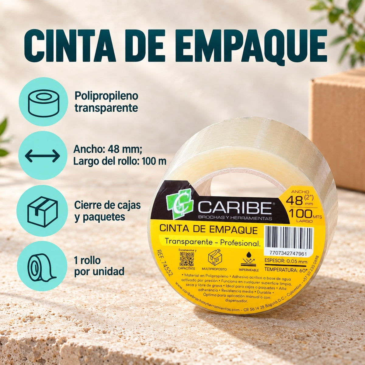 Cinta De Empaque Transparente De 48 mm × 100 m — material, presentación y características