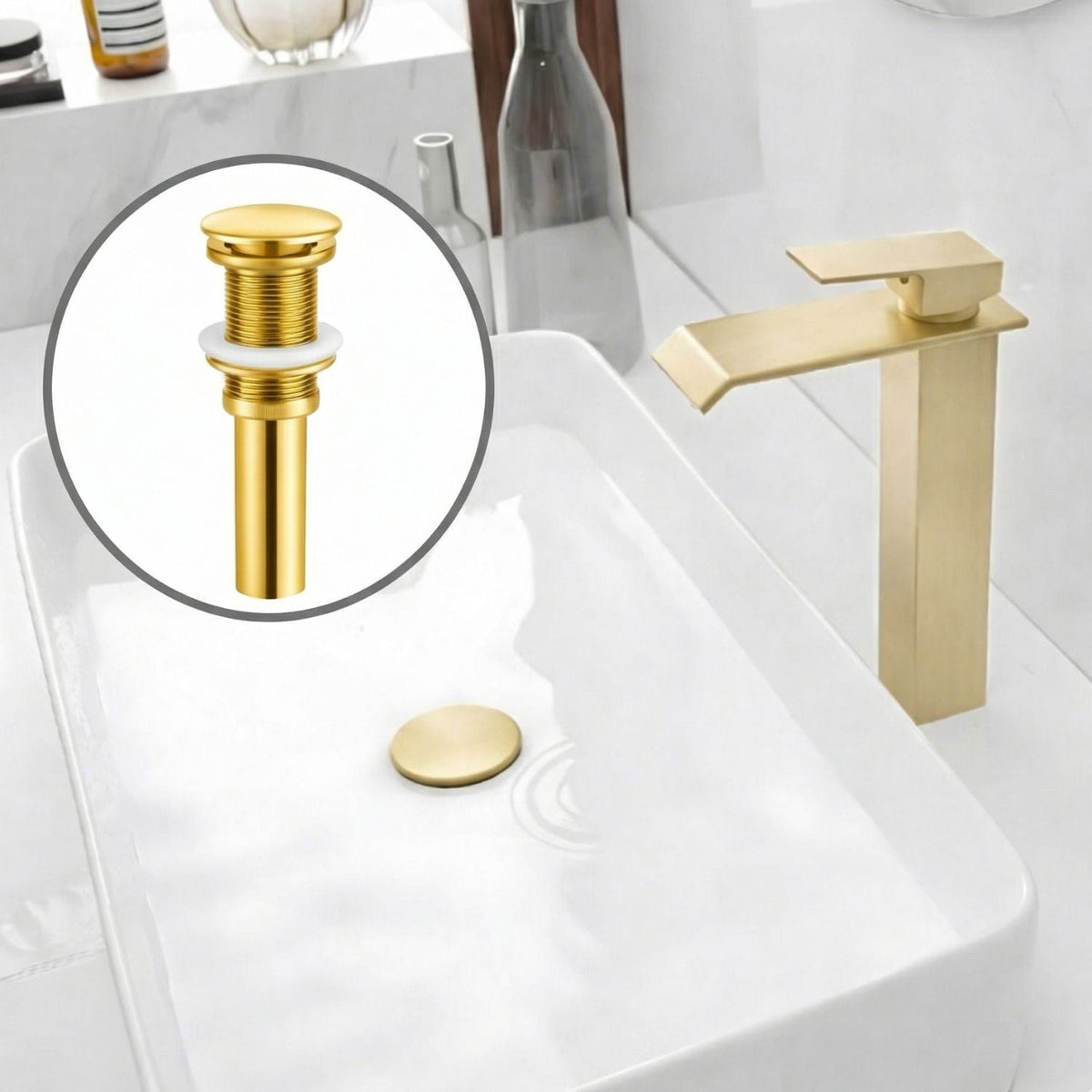 Kit Grifería Cascada Oro 28 cm Y Desagüe Push Oro 7,8 cm