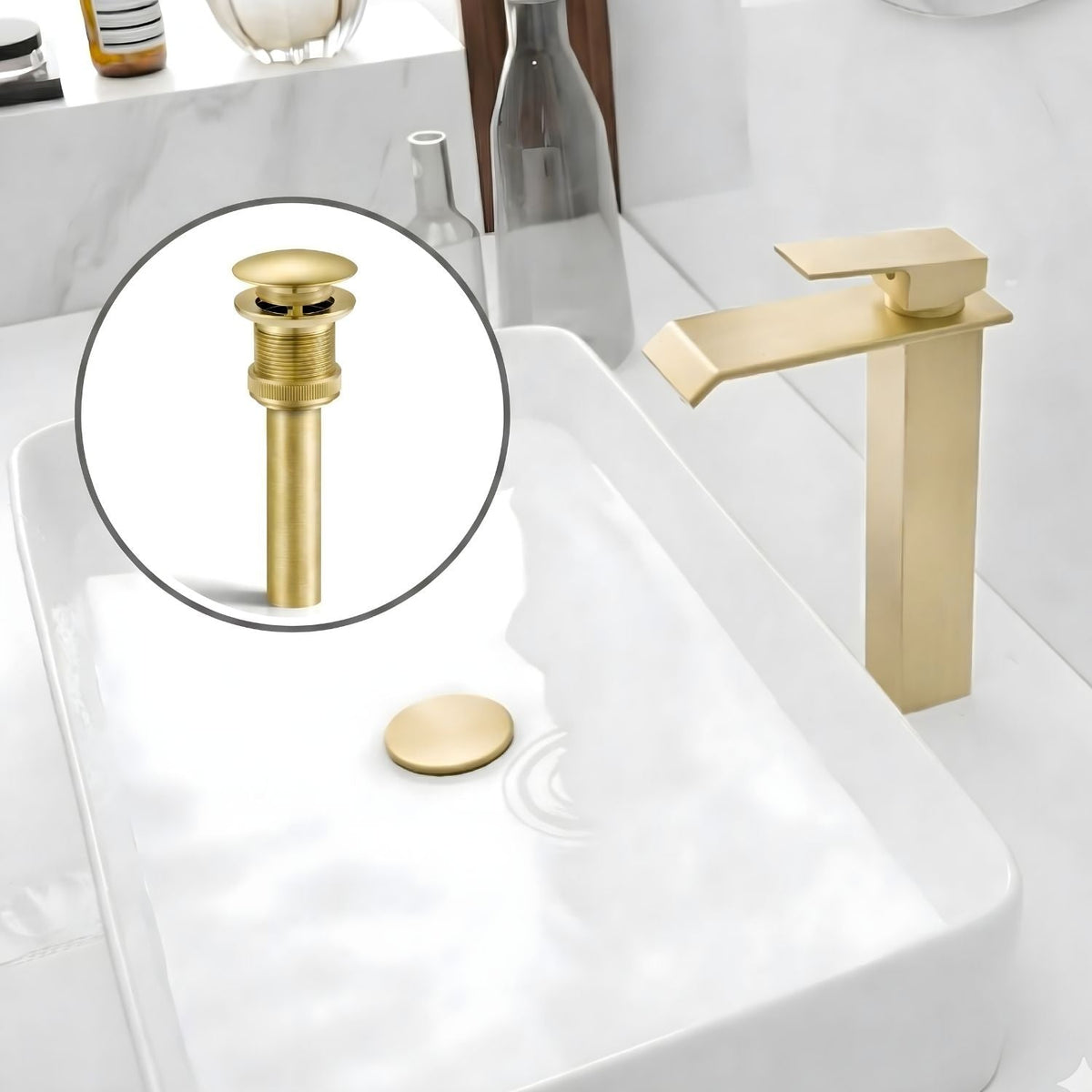 Kit Grifería Cascada Oro Cepillado 28 cm Y Desagüe Push 7,8 cm