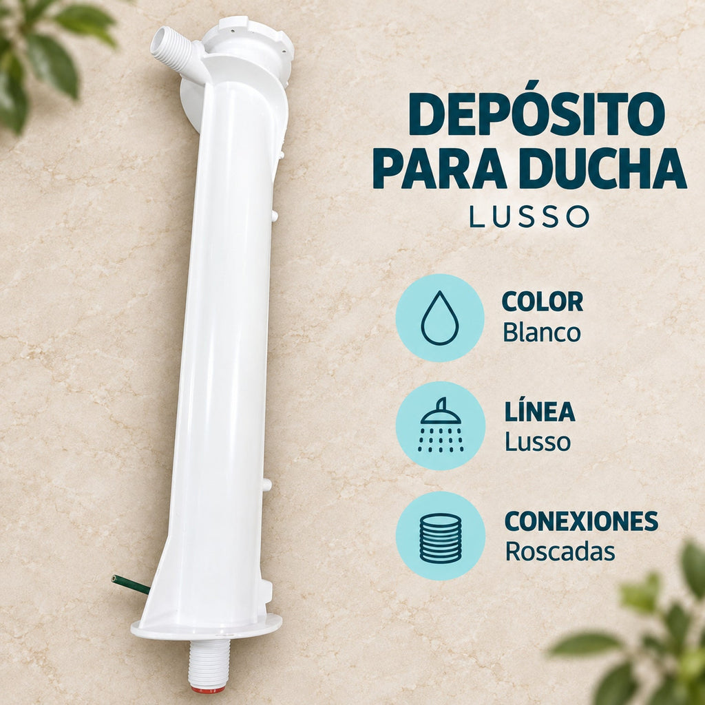 Características del depósito para ducha Lusso: blanco, cuerpo alargado y conexiones roscadas