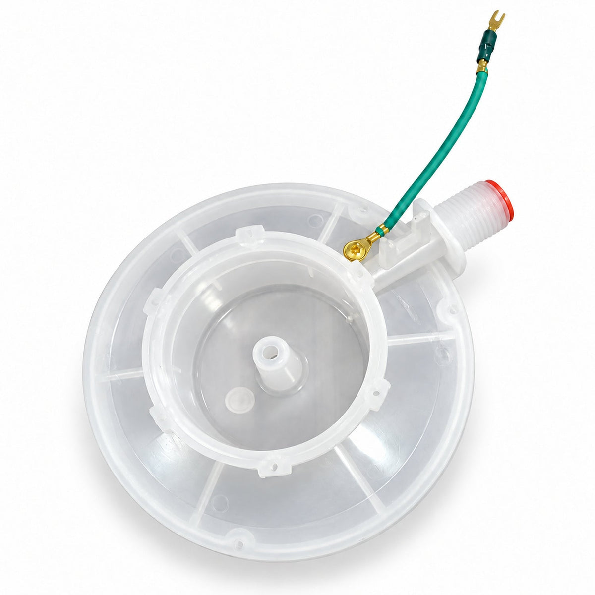 Depósito blanco translúcido para ducha Premium Zent, vista interior con rosca lateral y cable verde con terminal