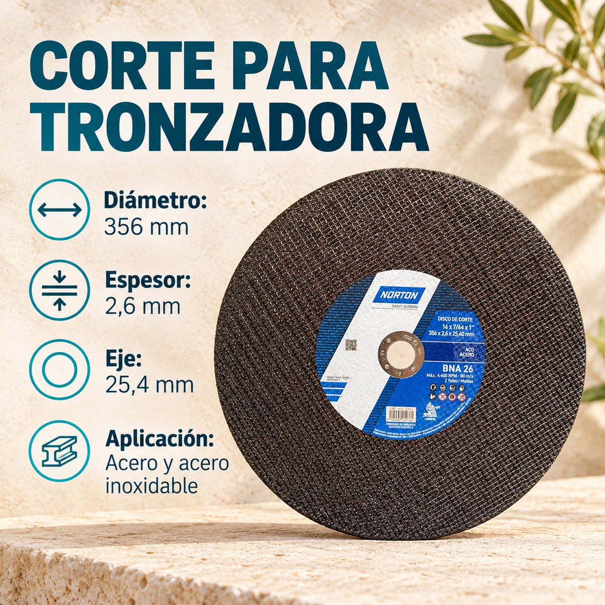 Disco De Corte Para Tronzadora BNA26 De 356 mm — características confirmadas