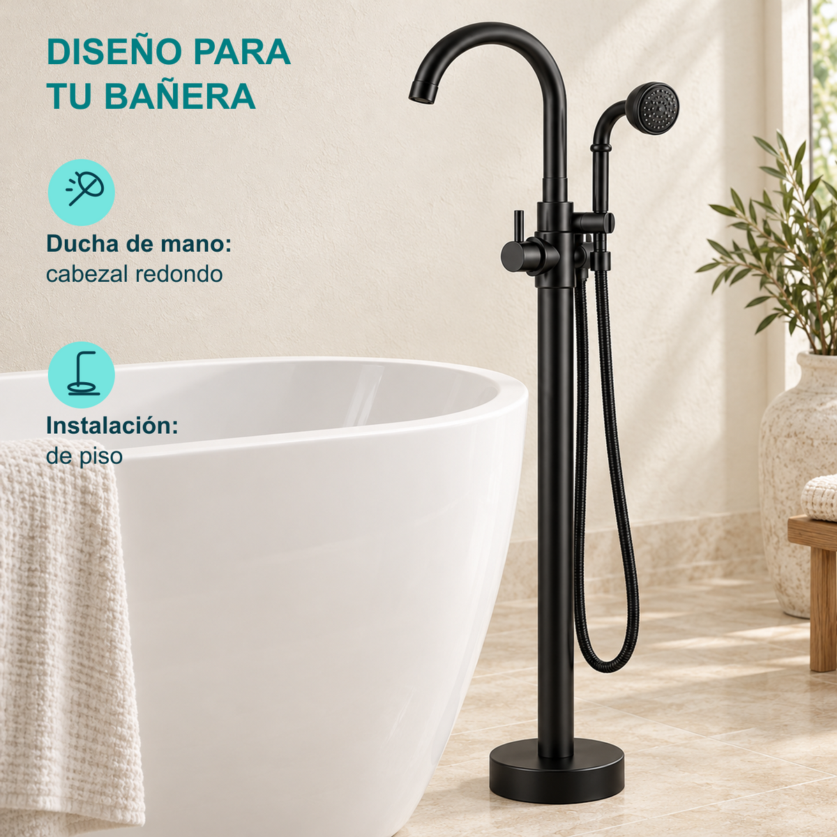 Grifería negra para bañera: ducha de mano con cabezal redondo e instalación de piso.
