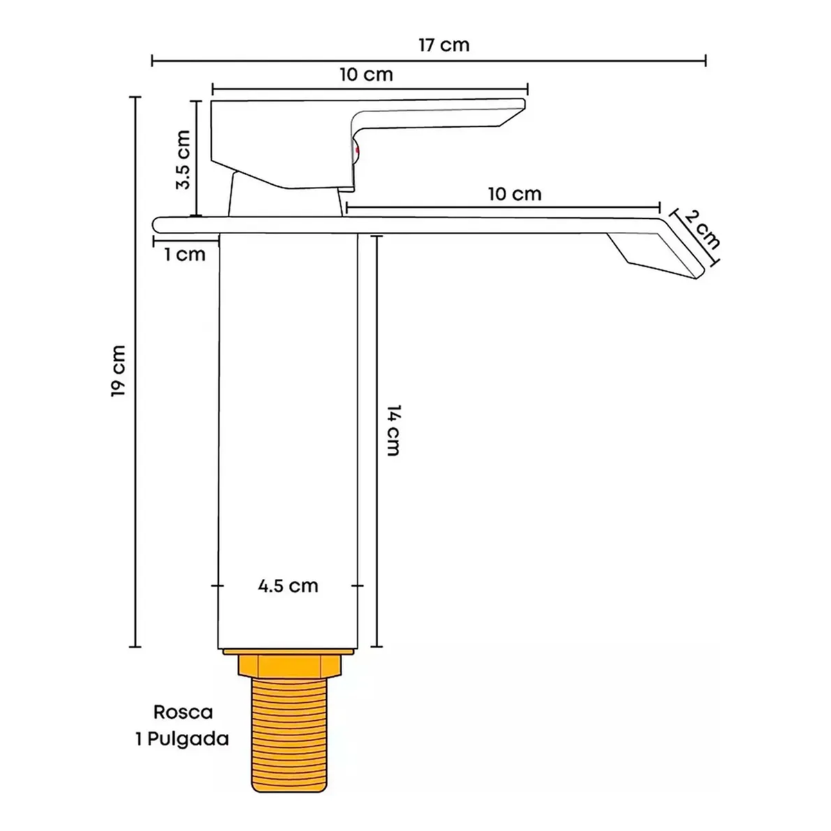 Croquis de medidas de grifería para lavamanos: altura 19 cm, longitud total 17 cm y rosca de 1 pulgada.