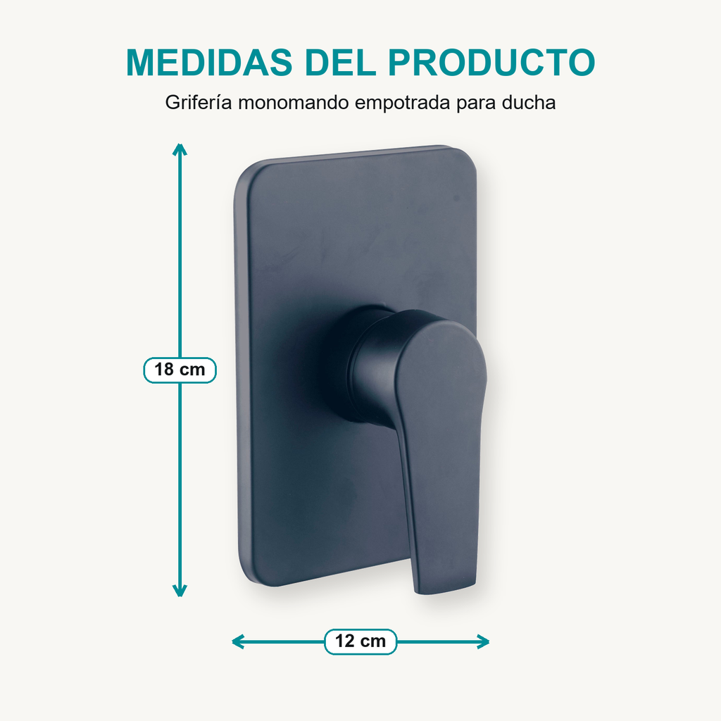 Grifería Monomando Empotrada Para Ducha Notte Negra 12 × 18 cm, infografía de medidas
