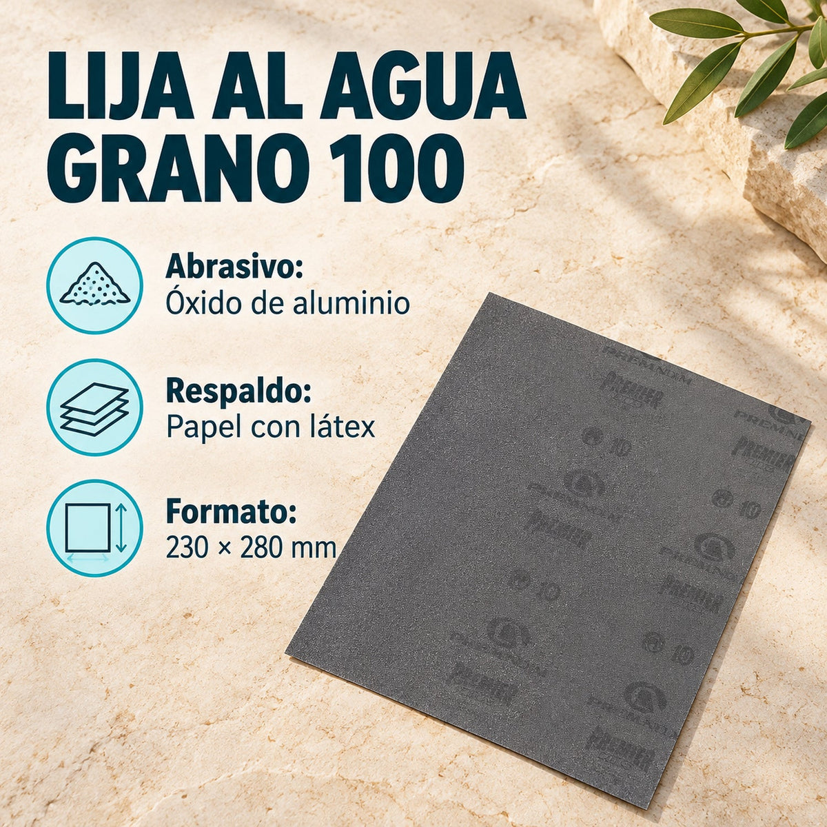 Hoja De Lija Al Agua Grano 100 De 230 × 280 mm — características confirmadas