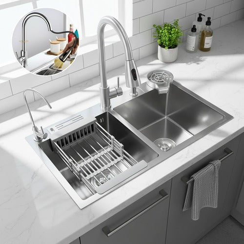 Set Lavaplatos Inteligente Doble Lujo en Acero Inoxidable 304 - 75x45 cm