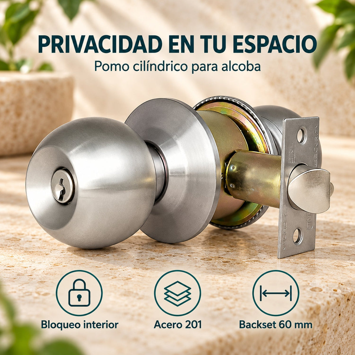 Pomo De Alcoba En Acero Backset 60 mm — caracteristicas