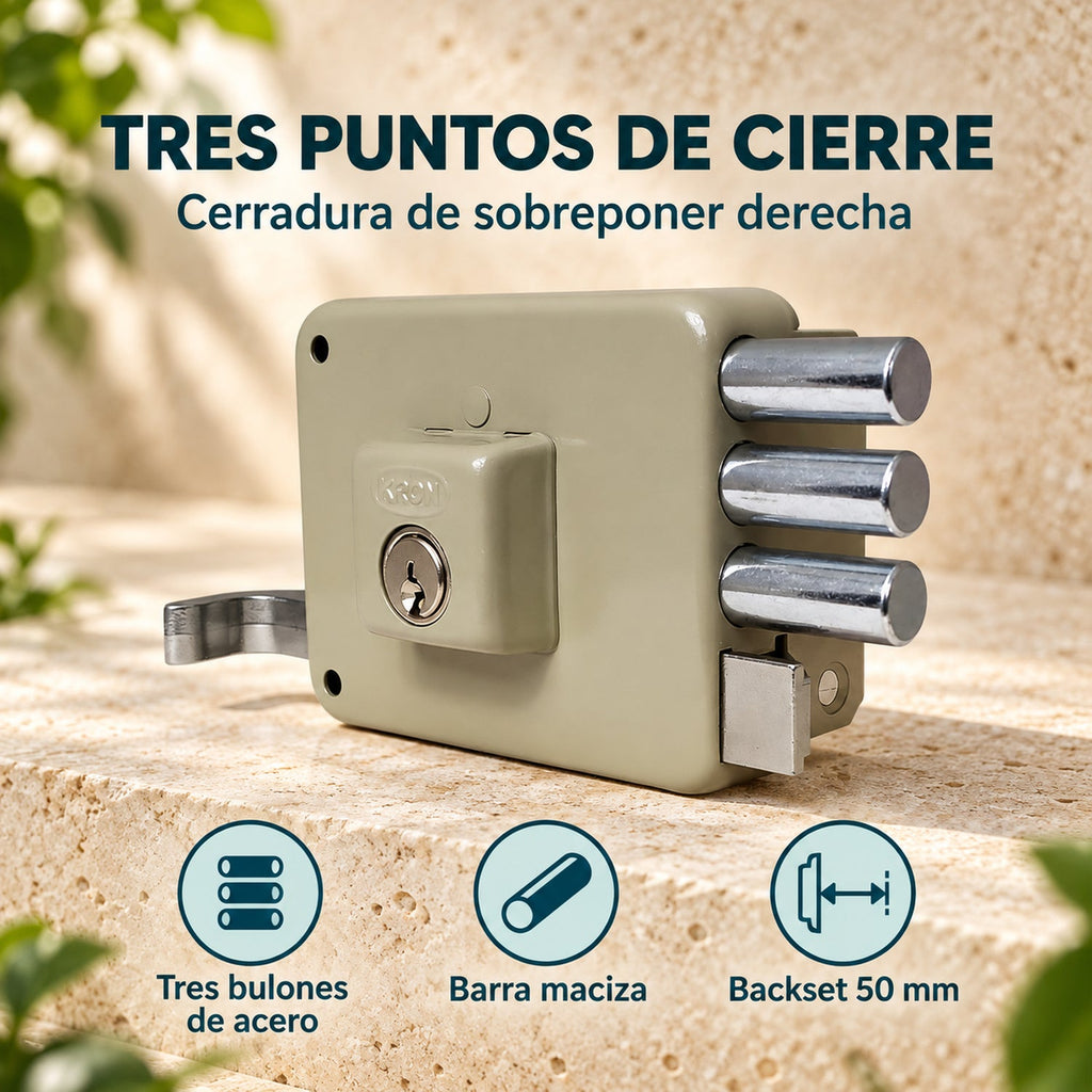 Cerradura De Sobreponer Derecha Tres Bulones 50 mm — caracteristicas