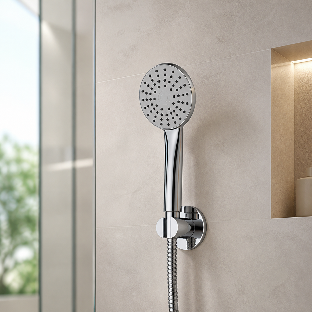 Mango de ducha cromado Swertt instalado en baño contemporáneo claro