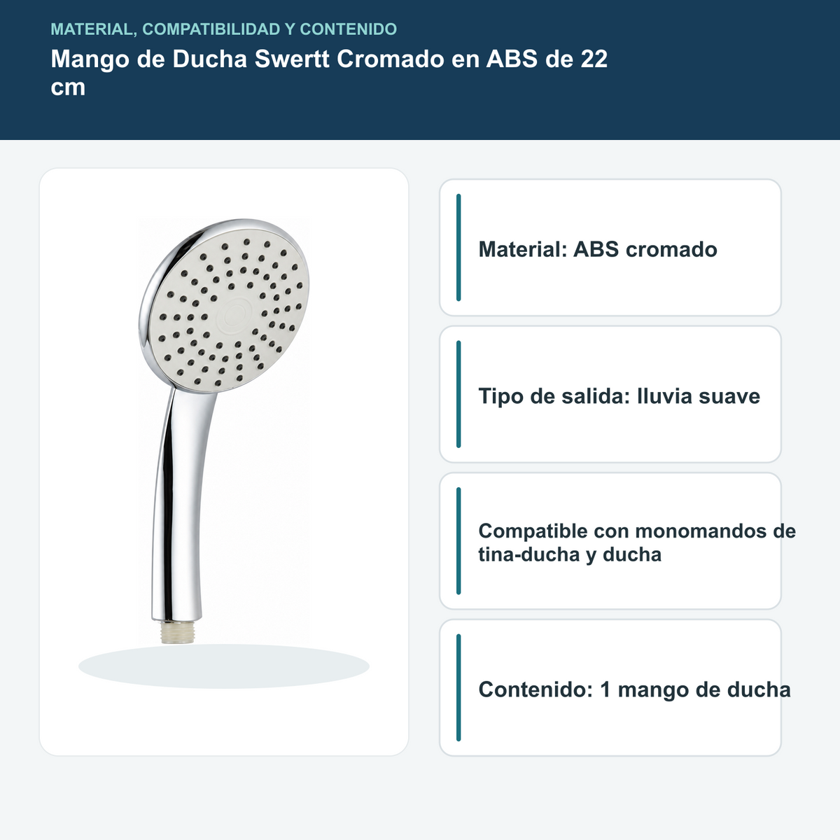 Material, compatibilidad y contenido del mango de ducha cromado