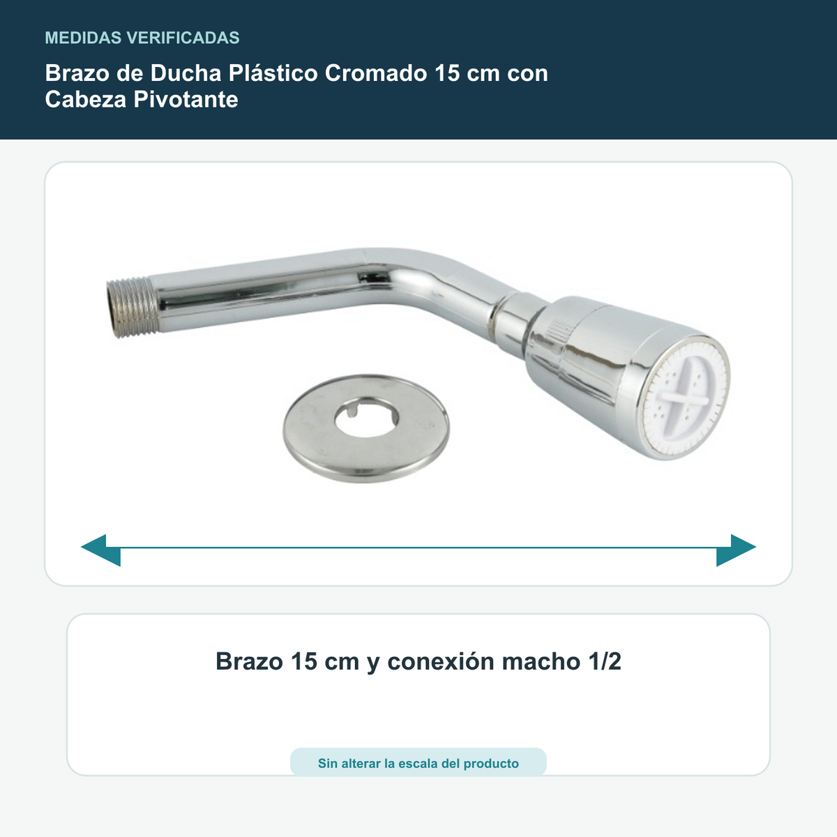 Brazo de Ducha Plástico Cromado 15 cm con Cabeza Pivotante - Brazo 15 cm y conexión macho 1/2