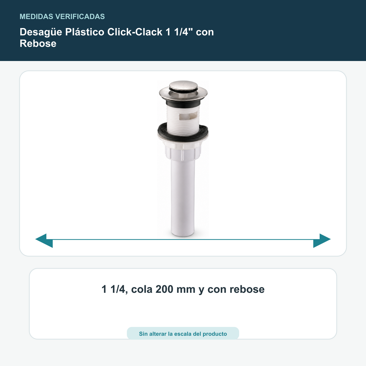 Desagüe Plástico Click-Clack 1 1/4" con Rebose - 1 1/4, cola 200 mm y con rebose