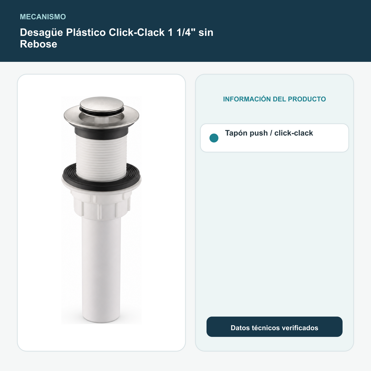 Desagüe Plástico Click-Clack 1 1/4" sin Rebose - Tapón push / click-clack