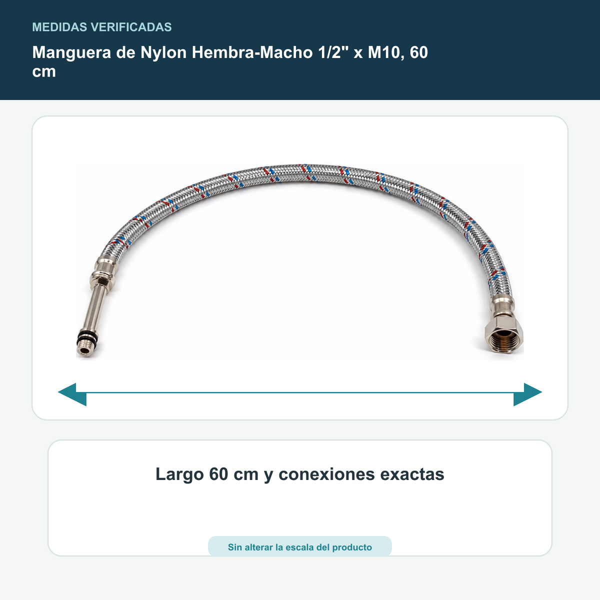 Manguera de Nylon Hembra-Macho 1/2" x M10, 60 cm - Largo 60 cm y conexiones exactas