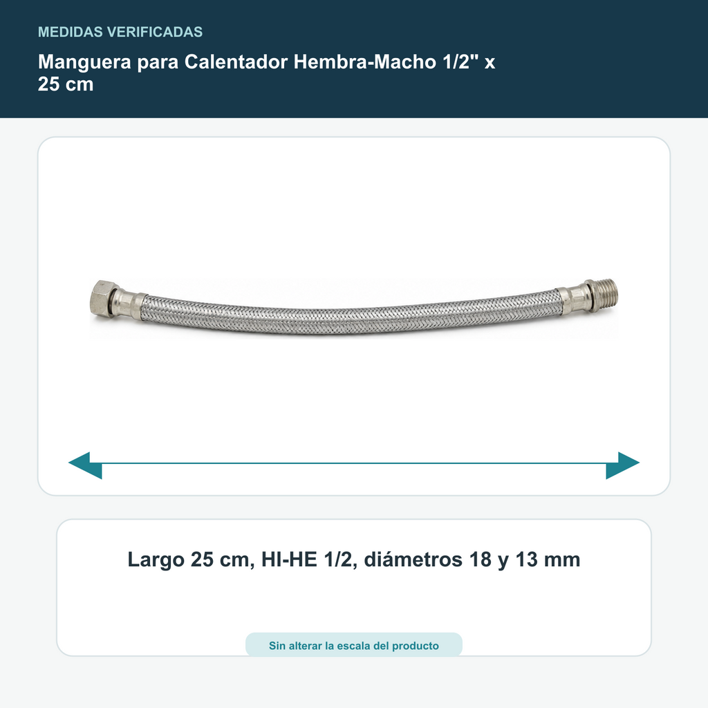 Manguera para Calentador Hembra-Macho 1/2" x 25 cm - Largo 25 cm, HI-HE 1/2, diámetros 18 y 13 mm