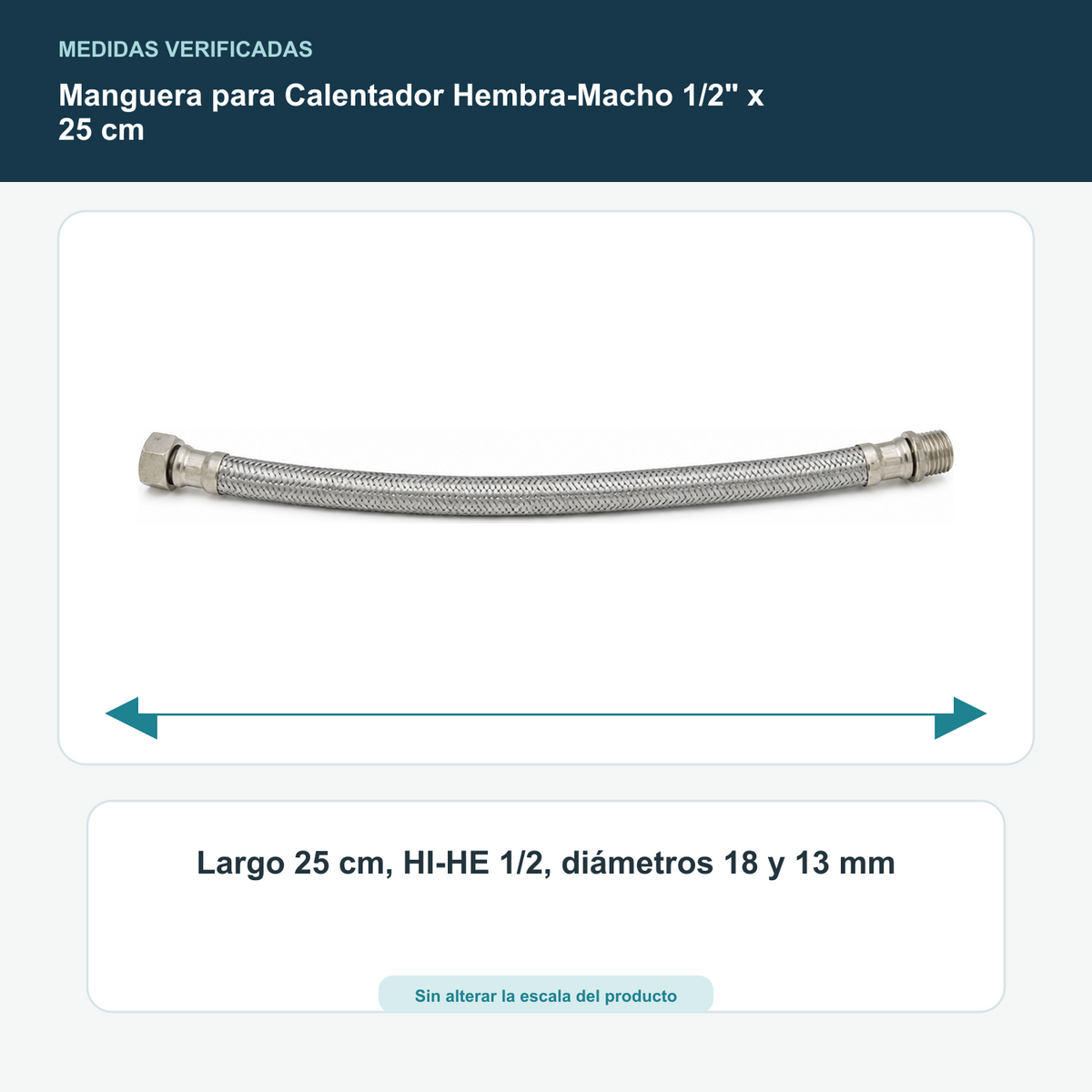 Manguera para Calentador Hembra-Macho 1/2" x 25 cm - Largo 25 cm, HI-HE 1/2, diámetros 18 y 13 mm