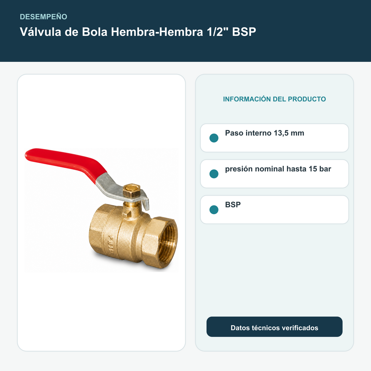 Válvula de Bola Hembra-Hembra 1/2" BSP - Paso interno 13,5 mm, presión nominal hasta 15 bar y BSP