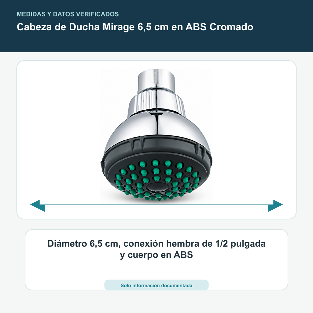 Cabeza de Ducha Mirage 6,5 cm en ABS Cromado - Diámetro 6,5 cm, conexión hembra de 1/2 pulgada y cuerpo en ABS