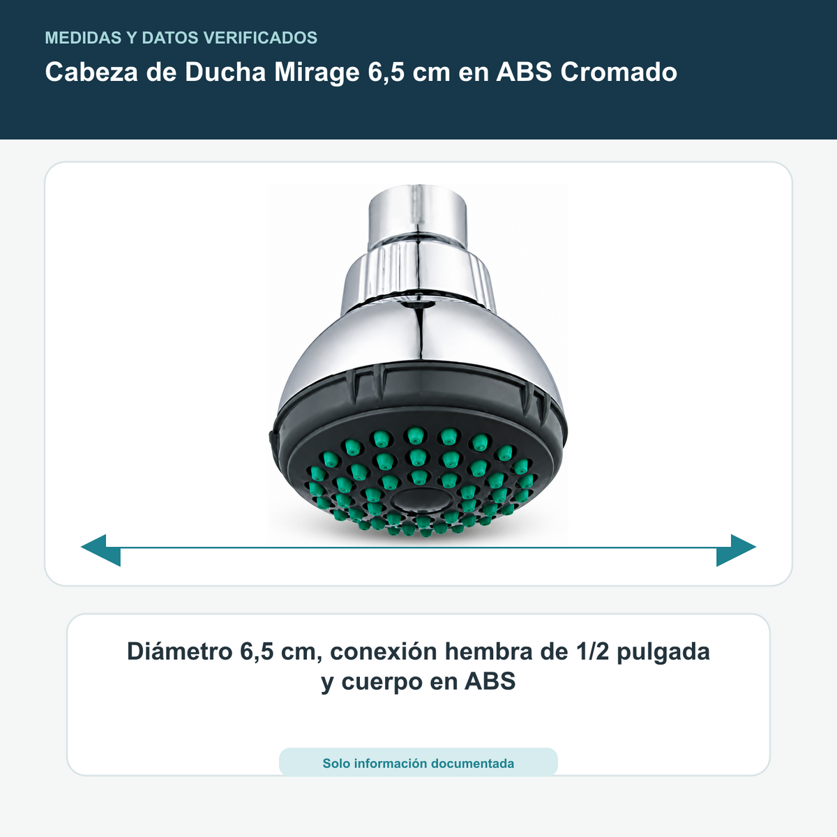 Cabeza de Ducha Mirage 6,5 cm en ABS Cromado - Diámetro 6,5 cm, conexión hembra de 1/2 pulgada y cuerpo en ABS