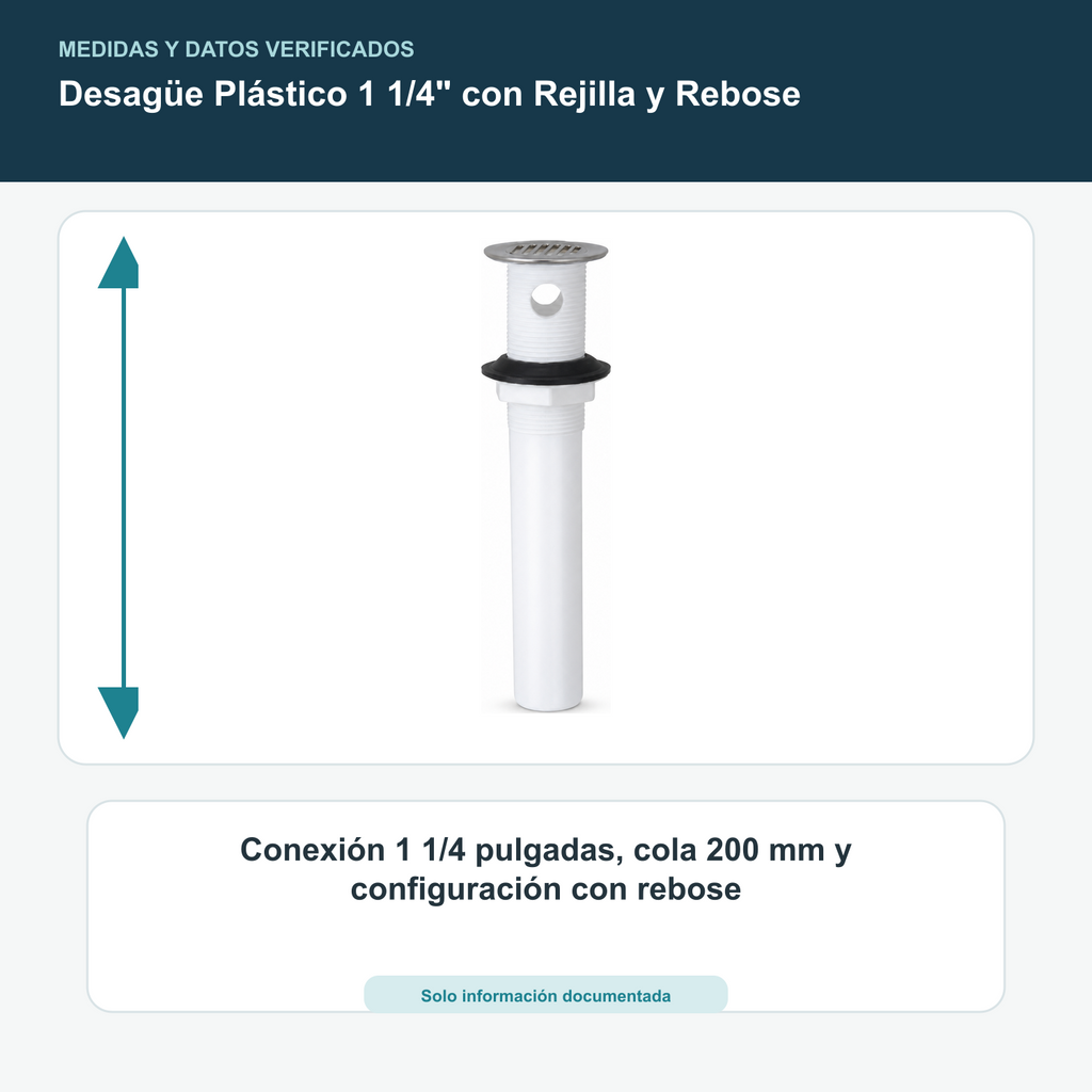 Desagüe Plástico 1 1/4" con Rejilla y Rebose - Conexión 1 1/4 pulgadas, cola 200 mm y configuración con rebose