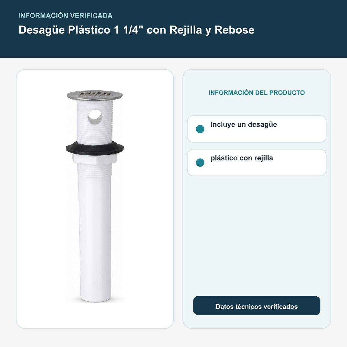 Desagüe Plástico 1 1/4" con Rejilla y Rebose - Incluye un desagüe plástico con rejilla