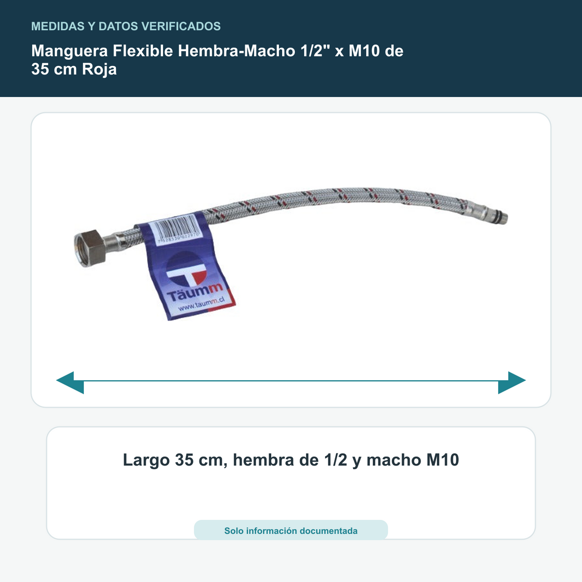 Manguera Flexible Hembra-Macho 1/2" x M10 de 35 cm Roja - Largo 35 cm, hembra de 1/2 y macho M10
