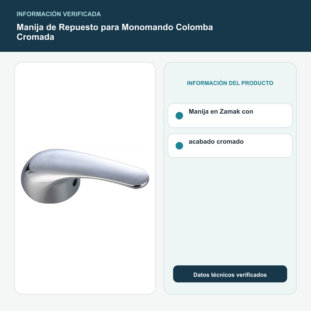 Manija de Repuesto para Monomando Colomba Cromada - Manija en Zamak con acabado cromado