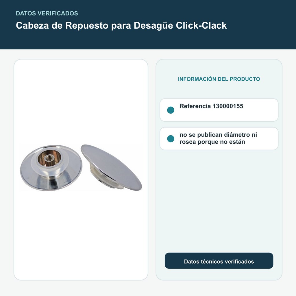 Cabeza de Repuesto para Desagüe Click-Clack - Referencia 130000155; no se publican diámetro ni rosca porque no están documentados