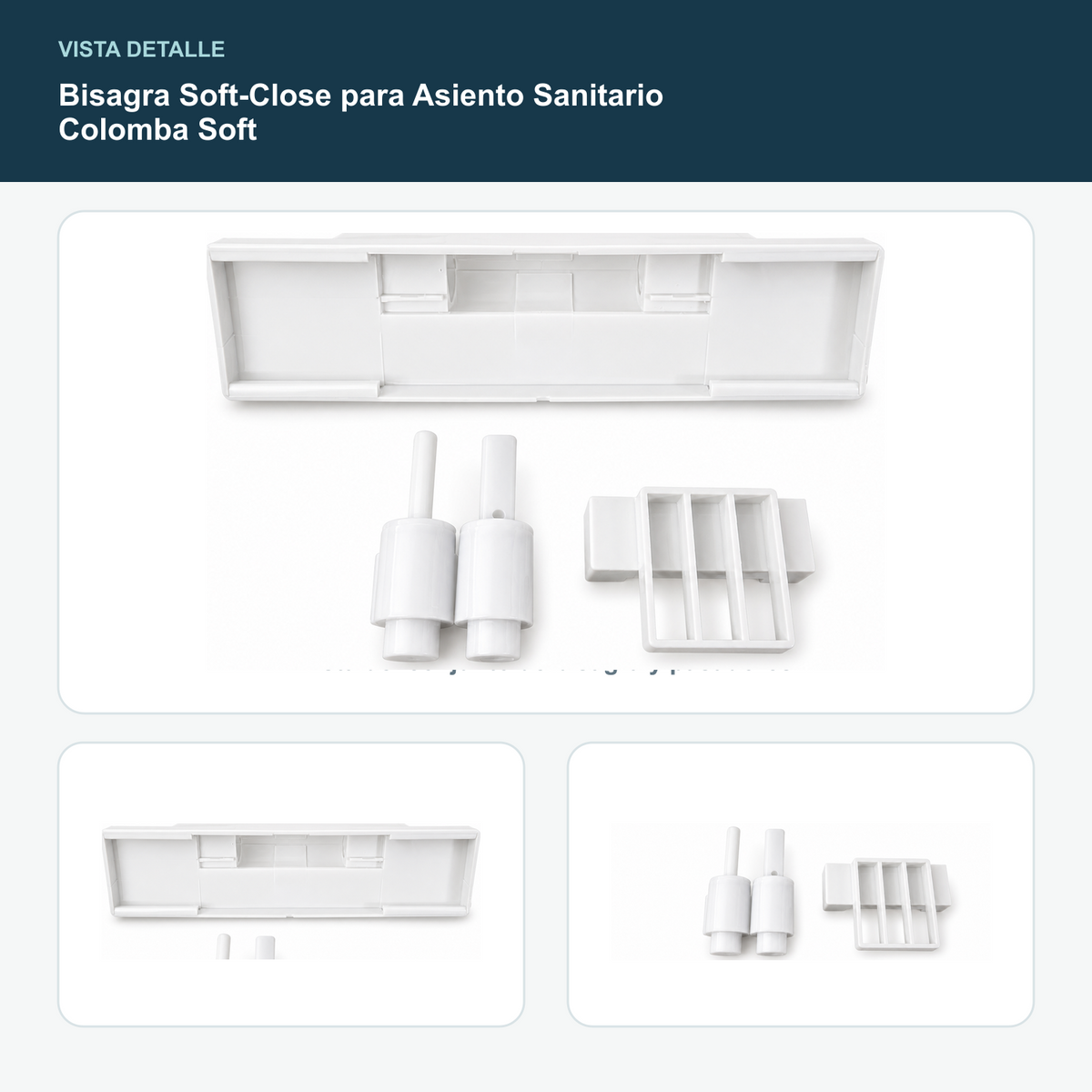 Bisagra Soft-Close para Asiento Sanitario Colomba Soft - Vista del conjunto de bisagra y pasadores