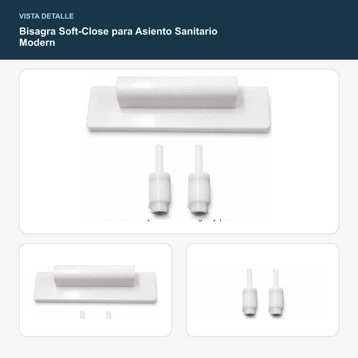 Bisagra Soft-Close para Asiento Sanitario Modern - Vista del conjunto de bisagra y pasadores