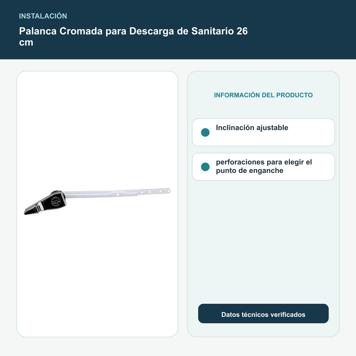 Palanca Cromada para Descarga de Sanitario 26 cm - Inclinación ajustable y perforaciones para elegir el punto de enganche