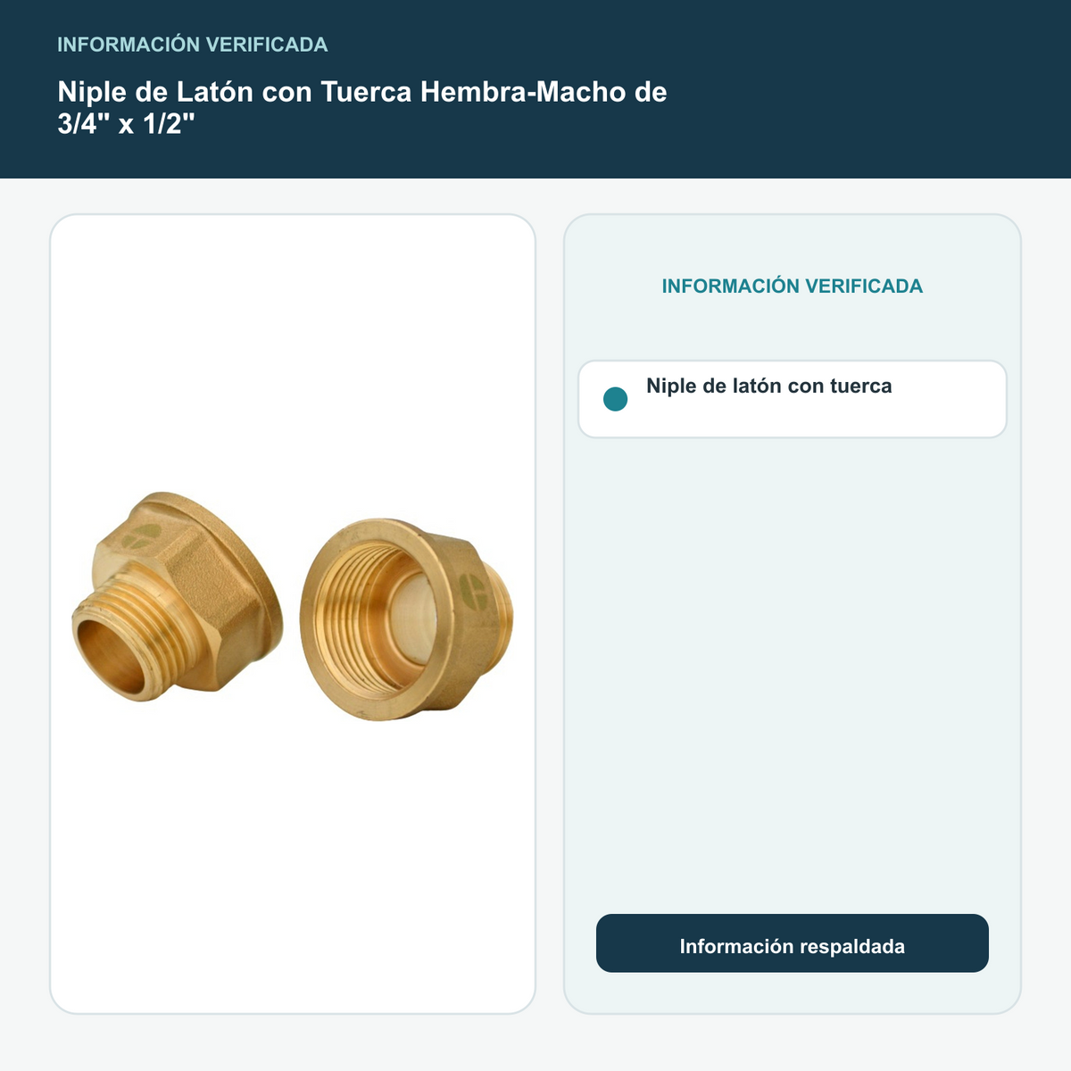 Niple de Latón con Tuerca Hembra-Macho de 3/4" x 1/2" - Niple de latón con tuerca