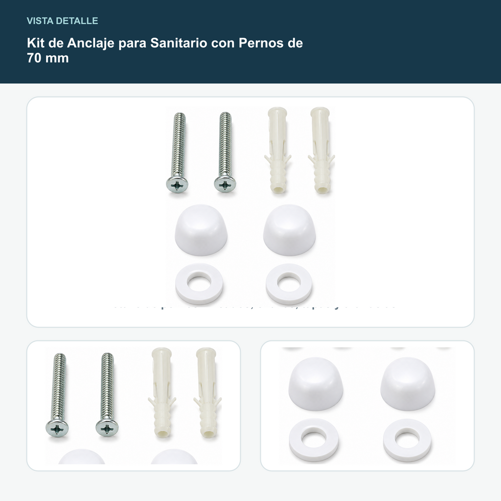 Kit de Anclaje para Sanitario con Pernos de 70 mm - Detalle de pernos zincados, chazos, tapas y arandelas