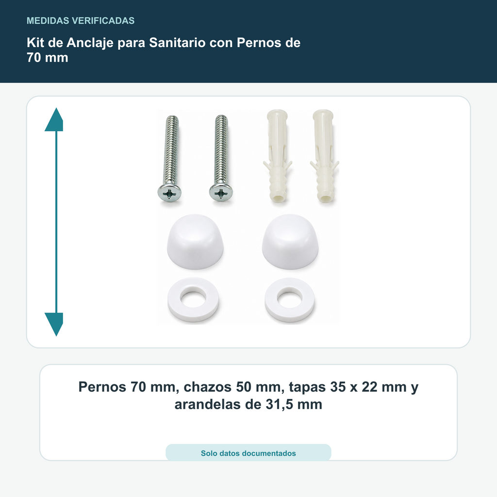 Kit de Anclaje para Sanitario con Pernos de 70 mm - Pernos 70 mm, chazos 50 mm, tapas 35 x 22 mm y arandelas de 31,5 mm