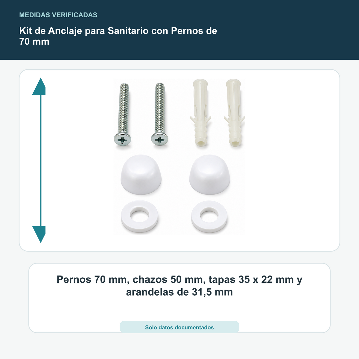 Kit de Anclaje para Sanitario con Pernos de 70 mm - Pernos 70 mm, chazos 50 mm, tapas 35 x 22 mm y arandelas de 31,5 mm