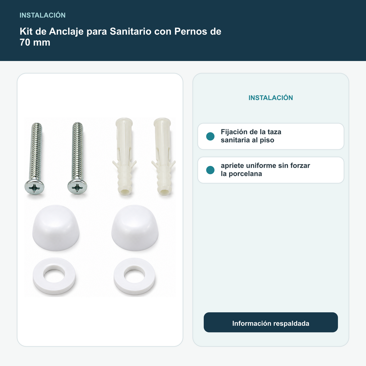 Kit de Anclaje para Sanitario con Pernos de 70 mm - Fijación de la taza sanitaria al piso; apriete uniforme sin forzar la porcelana