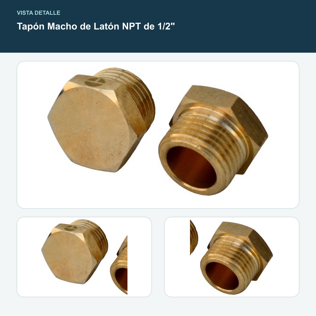 Tapón Macho de Latón NPT de 1/2" - Tapón macho NPT de 1/2"