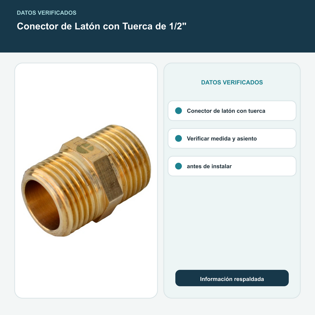 Conector de Latón con Tuerca de 1/2" - Conector de latón con tuerca. Verificar medida y asiento antes de instalar