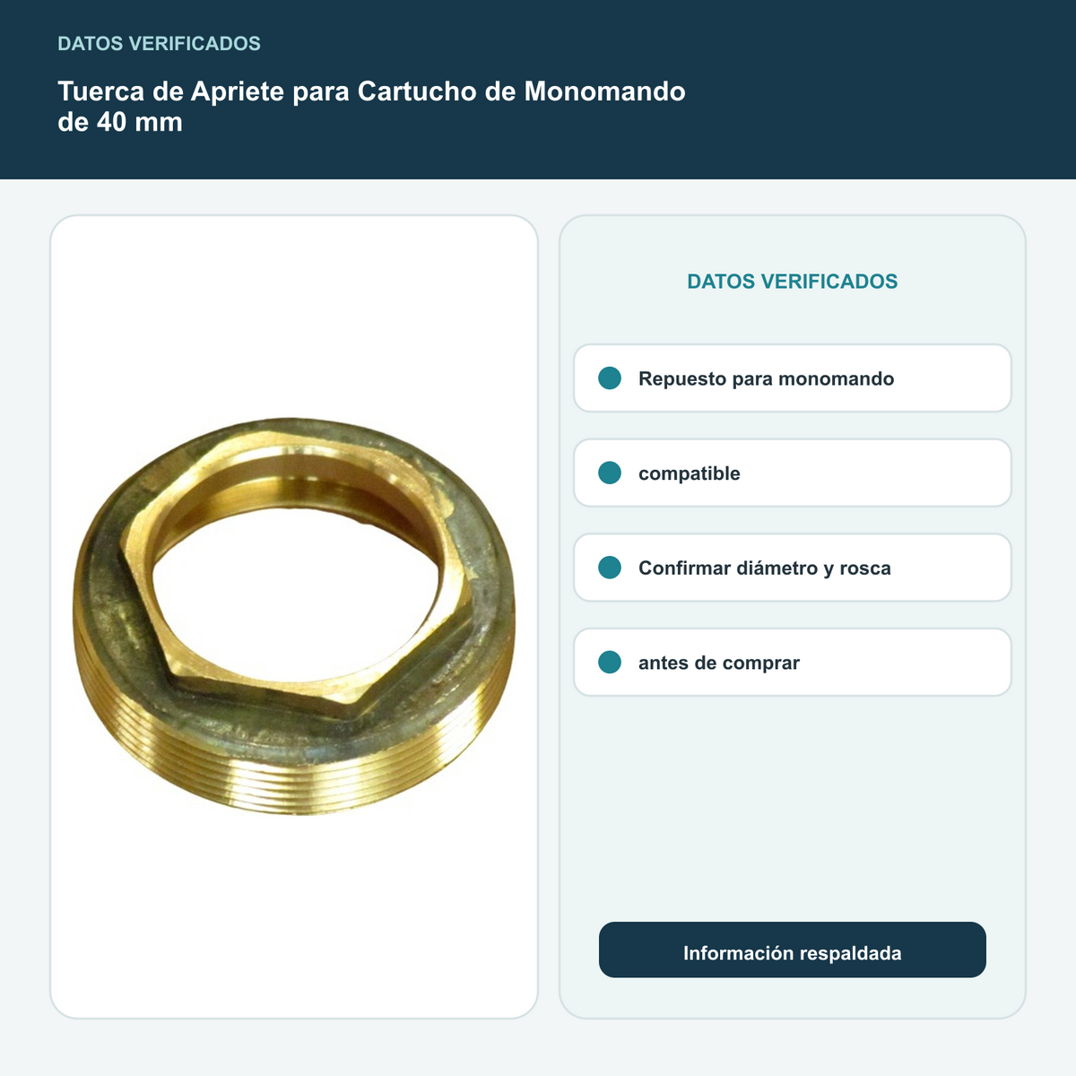 Tuerca de Apriete para Cartucho de Monomando de 40 mm - Repuesto para monomando compatible. Confirmar diámetro y rosca antes de comprar