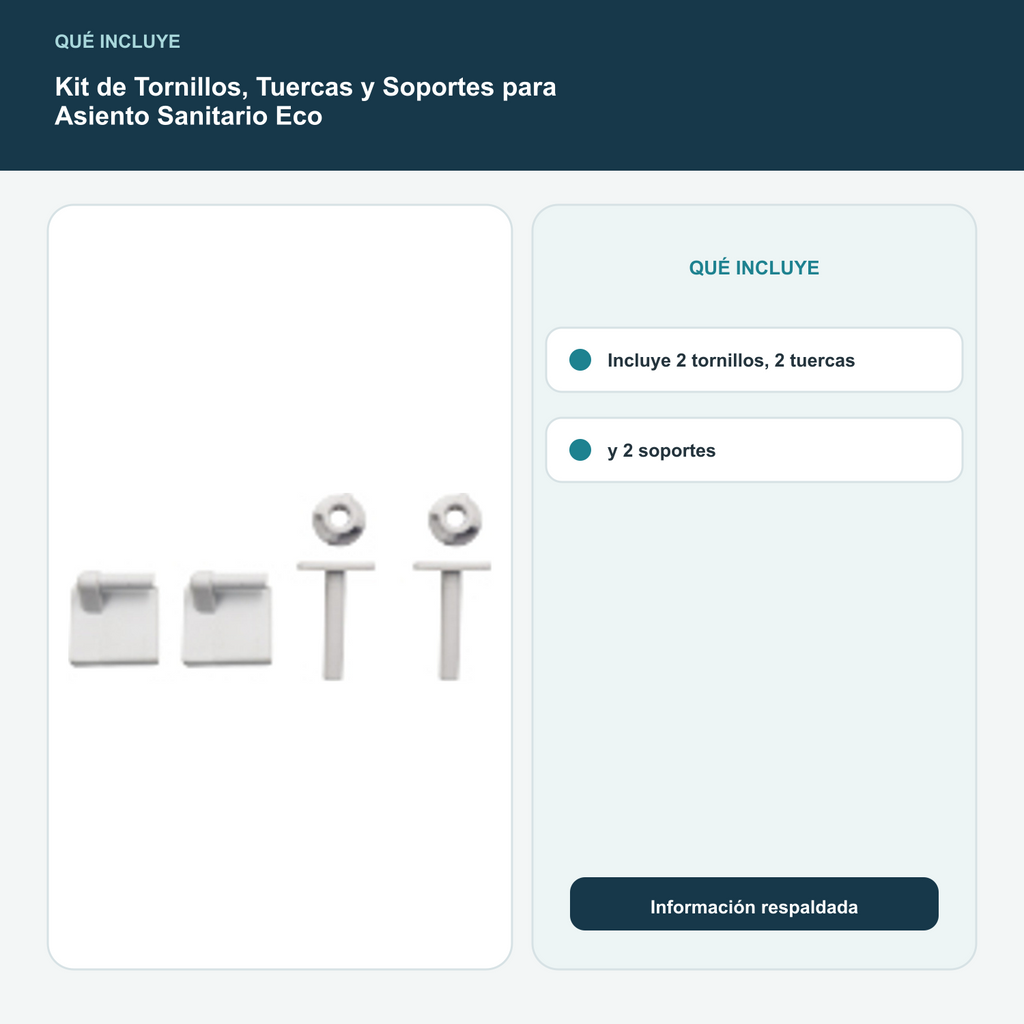 Kit de Tornillos, Tuercas y Soportes para Asiento Sanitario Eco - Incluye 2 tornillos, 2 tuercas y 2 soportes