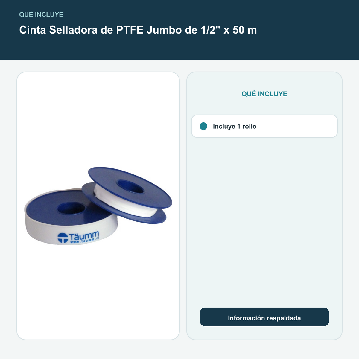 Cinta Selladora de PTFE Jumbo de 1/2" x 50 m - Incluye 1 rollo